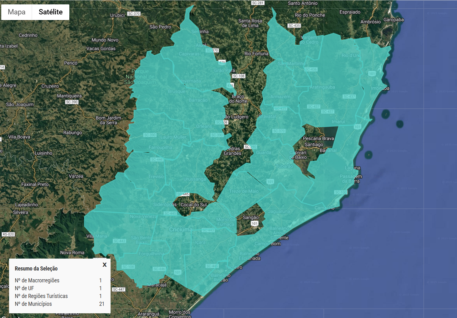 Mapa geral da região Encantos do Sul com todos os municípios.